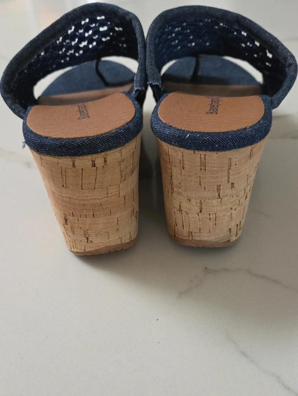 Baretraps Bethie Wedge, Denim Navy Woven Open-Toe Cork Wedge Mules